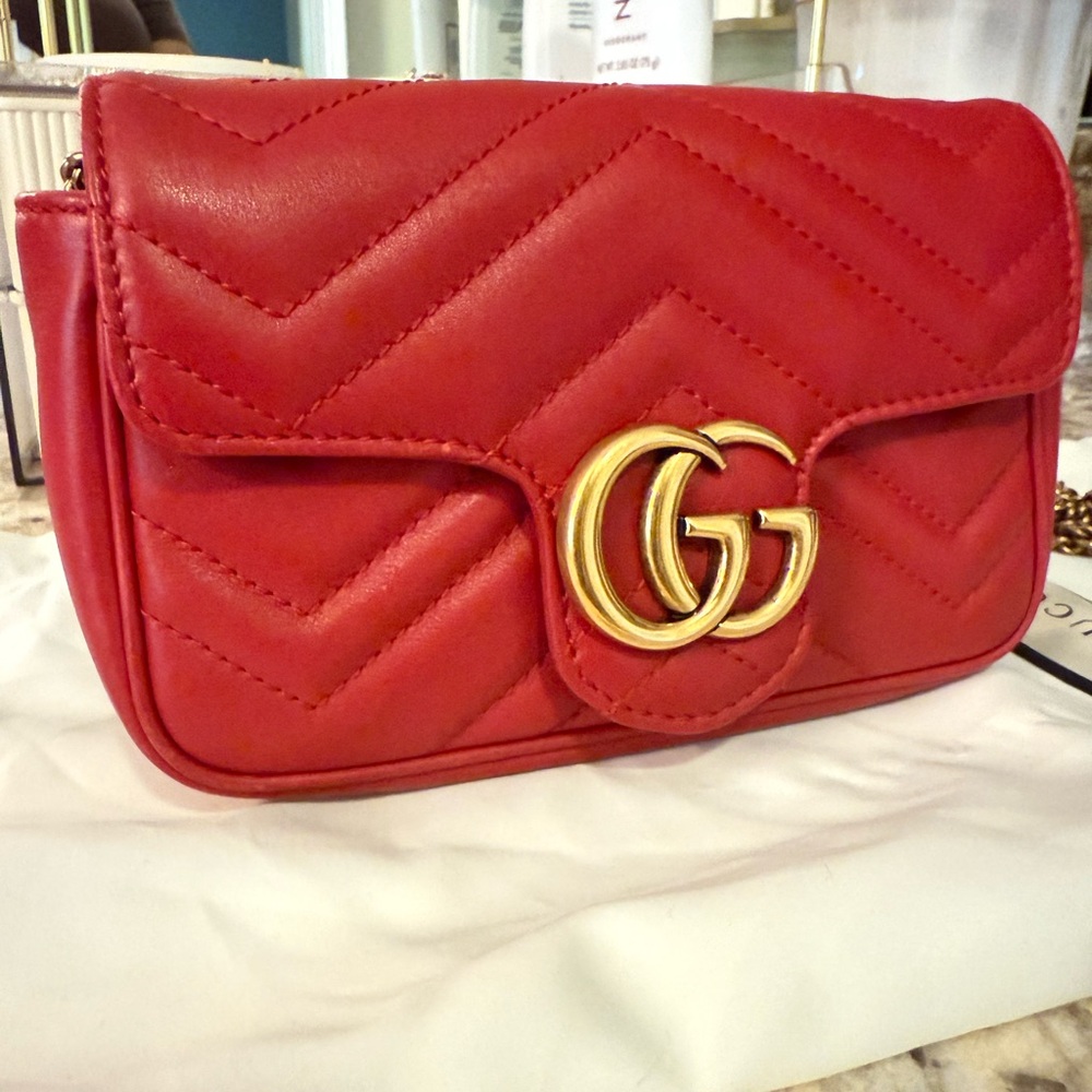Gucci GG Marmont Super Mini Red Matelassé Leather Chain Crossbody Bag